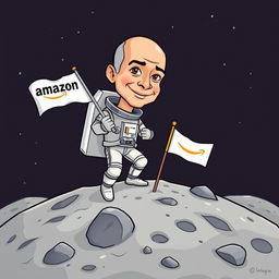 A cartoon-style illustration of Jeff Bezos, wearing a sleek astronaut suit, landing on the moon