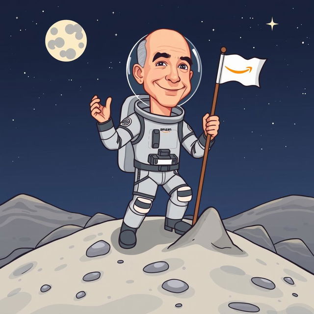A cartoon-style illustration of Jeff Bezos, wearing a sleek astronaut suit, landing on the moon