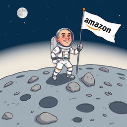 A cartoon-style illustration of Jeff Bezos, wearing a sleek astronaut suit, landing on the moon