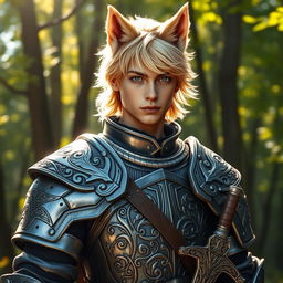 A wolf-eared blonde young man clad in intricately designed medieval armor, standing confidently with a fierce and determined expression