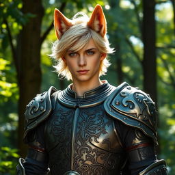 A wolf-eared blonde young man clad in intricately designed medieval armor, standing confidently with a fierce and determined expression