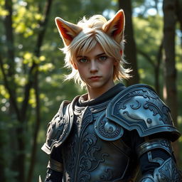 A wolf-eared blonde young man clad in intricately designed medieval armor, standing confidently with a fierce and determined expression