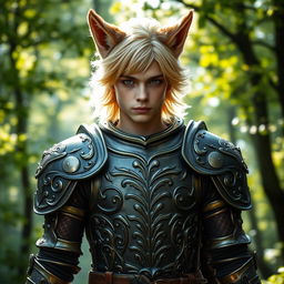 A wolf-eared blonde young man clad in intricately designed medieval armor, standing confidently with a fierce and determined expression