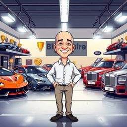 A vibrant cartoon illustration of Jeff Bezos proudly showcasing his impressive car garage filled with an assortment of luxury cars