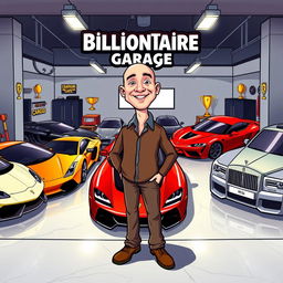 A vibrant cartoon illustration of Jeff Bezos proudly showcasing his impressive car garage filled with an assortment of luxury cars