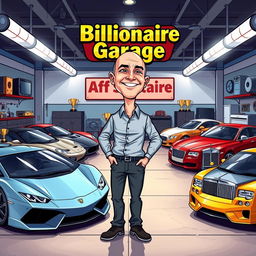 A vibrant cartoon illustration of Jeff Bezos proudly showcasing his impressive car garage filled with an assortment of luxury cars