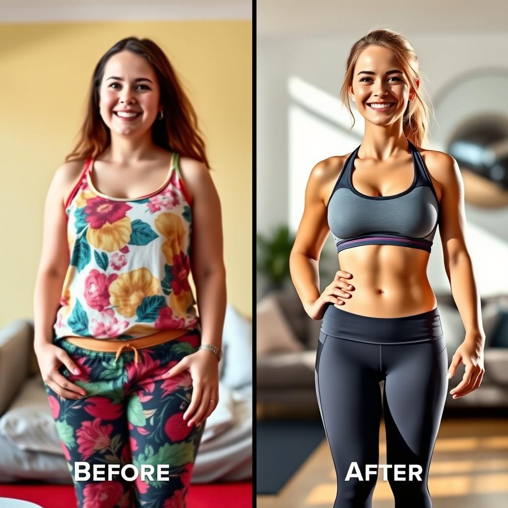 A transformative before-and-after image of a woman showcasing her weight loss journey