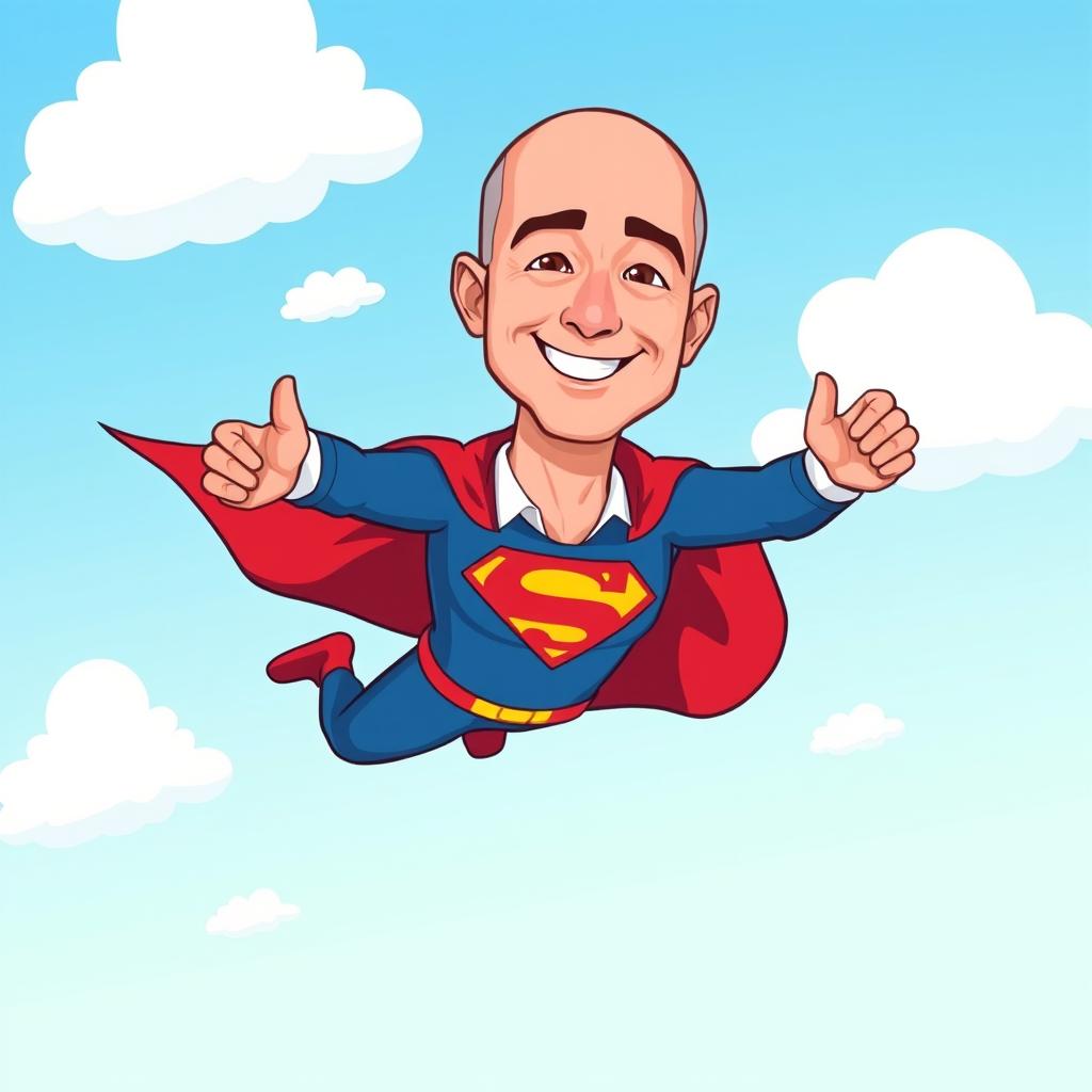 A cartoon illustration of Jeff Bezos dressed as Superman, soaring through the sky in a dynamic flying pose