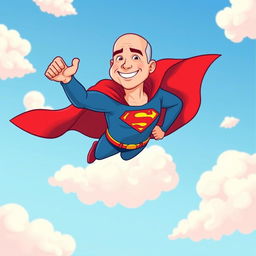 A cartoon illustration of Jeff Bezos dressed as Superman, soaring through the sky in a dynamic flying pose