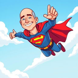 A cartoon illustration of Jeff Bezos dressed as Superman, soaring through the sky in a dynamic flying pose