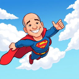 A cartoon illustration of Jeff Bezos dressed as Superman, soaring through the sky in a dynamic flying pose