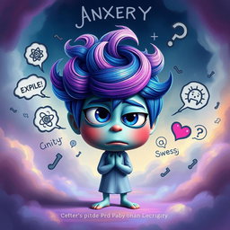 A personified character representing Anxiety inspired by 'Inside Out 2', displaying a vibrant, colorful appearance with features symbolizing nervousness and stress