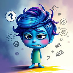 A personified character representing Anxiety inspired by 'Inside Out 2', displaying a vibrant, colorful appearance with features symbolizing nervousness and stress