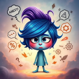 A personified character representing Anxiety inspired by 'Inside Out 2', displaying a vibrant, colorful appearance with features symbolizing nervousness and stress