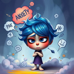 A personified character representing Anxiety inspired by 'Inside Out 2', displaying a vibrant, colorful appearance with features symbolizing nervousness and stress