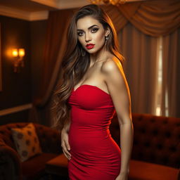 A captivating and alluring woman with long wavy hair, wearing a form-fitting red dress that accentuates her curves