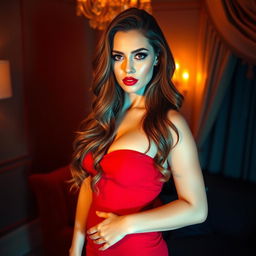 A captivating and alluring woman with long wavy hair, wearing a form-fitting red dress that accentuates her curves