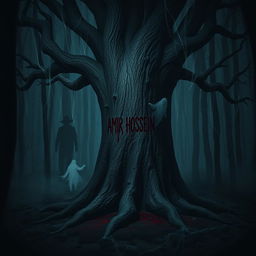 In a dark, eerie forest, the name 'AMIR HOSSEIN' appears in blood on the gnarled bark of an ancient tree