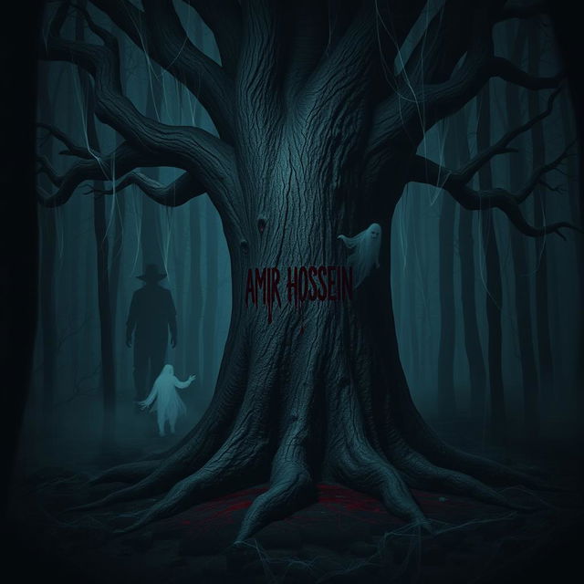 In a dark, eerie forest, the name 'AMIR HOSSEIN' appears in blood on the gnarled bark of an ancient tree