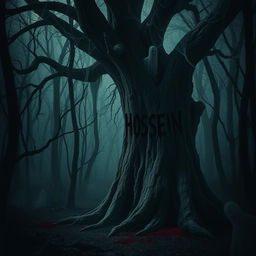 In a dark, eerie forest, the name 'AMIR HOSSEIN' appears in blood on the gnarled bark of an ancient tree