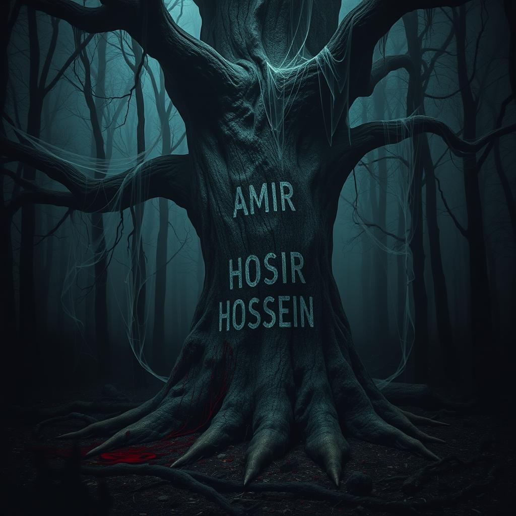 In a dark, eerie forest, the name 'AMIR HOSSEIN' appears in blood on the gnarled bark of an ancient tree