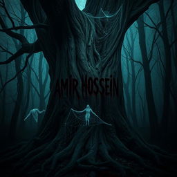 In a dark, eerie forest, the name 'AMIR HOSSEIN' appears in blood on the gnarled bark of an ancient tree