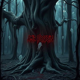 In a haunting forest, the name 'AMIR HOSSEIN' is ominously inscribed in dripping blood on the twisted trunk of an ancient tree