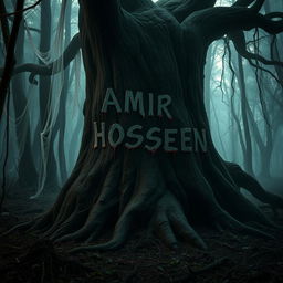 In a haunting forest, the name 'AMIR HOSSEIN' is ominously inscribed in dripping blood on the twisted trunk of an ancient tree
