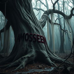 In a haunting forest, the name 'AMIR HOSSEIN' is ominously inscribed in dripping blood on the twisted trunk of an ancient tree