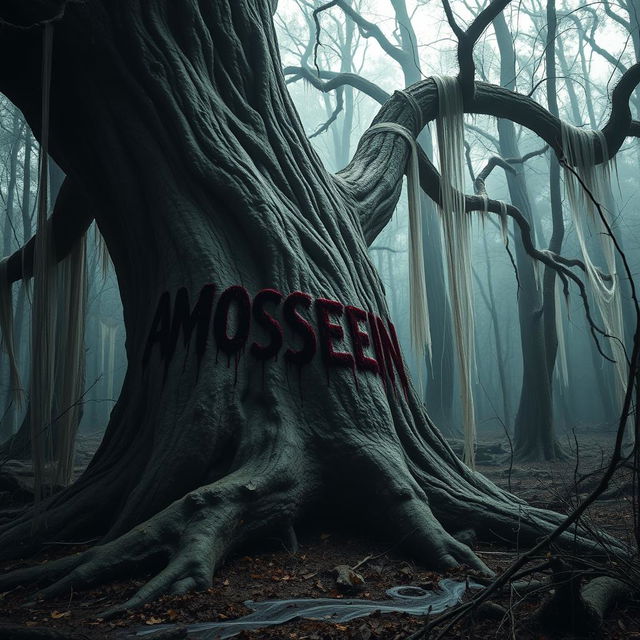 In a haunting forest, the name 'AMIR HOSSEIN' is ominously inscribed in dripping blood on the twisted trunk of an ancient tree