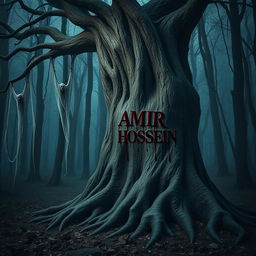 In a haunting forest, the name 'AMIR HOSSEIN' is ominously inscribed in dripping blood on the twisted trunk of an ancient tree