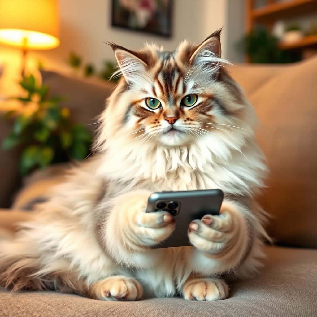 A fluffy triple-coated cat sitting comfortably, holding a mobile phone in its paw, with a curious expression on its face