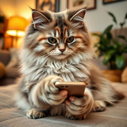 A fluffy triple-coated cat sitting comfortably, holding a mobile phone in its paw, with a curious expression on its face