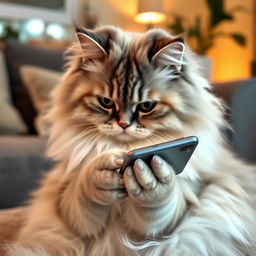 A fluffy triple-coated cat sitting comfortably, holding a mobile phone in its paw, with a curious expression on its face