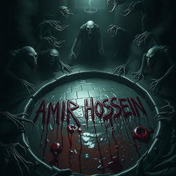 In a terrifying, dark well, the name 'AMIR HOSSEIN' is scrawled in dripping blood on the damp stones, surrounded by an atmosphere of dread
