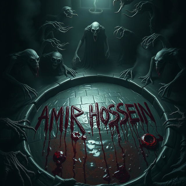 In a terrifying, dark well, the name 'AMIR HOSSEIN' is scrawled in dripping blood on the damp stones, surrounded by an atmosphere of dread