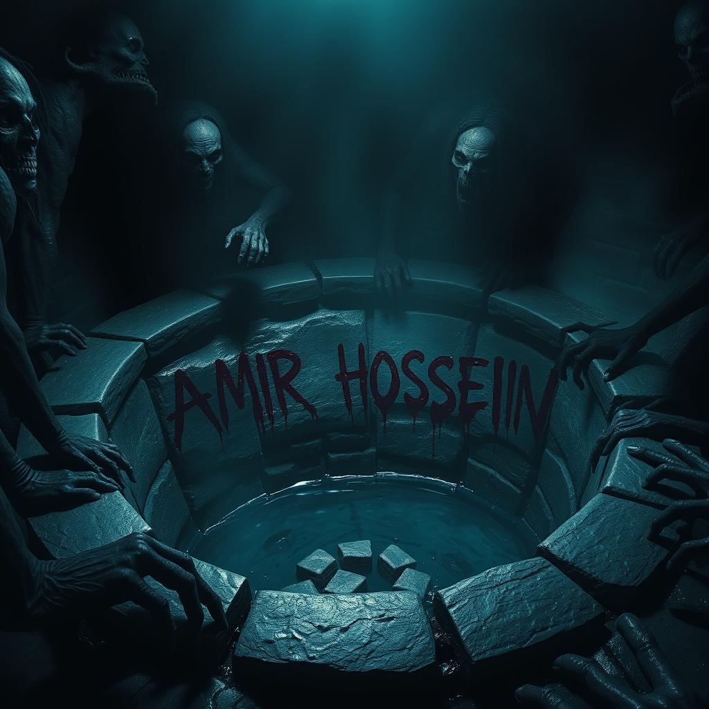 In a terrifying, dark well, the name 'AMIR HOSSEIN' is scrawled in dripping blood on the damp stones, surrounded by an atmosphere of dread