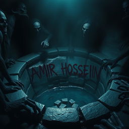 In a terrifying, dark well, the name 'AMIR HOSSEIN' is scrawled in dripping blood on the damp stones, surrounded by an atmosphere of dread