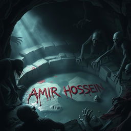 In a terrifying, dark well, the name 'AMIR HOSSEIN' is scrawled in dripping blood on the damp stones, surrounded by an atmosphere of dread