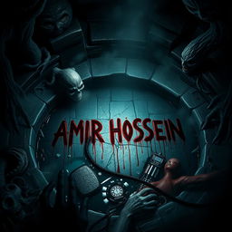 In a terrifying, dark well, the name 'AMIR HOSSEIN' is scrawled in dripping blood on the damp stones, surrounded by an atmosphere of dread
