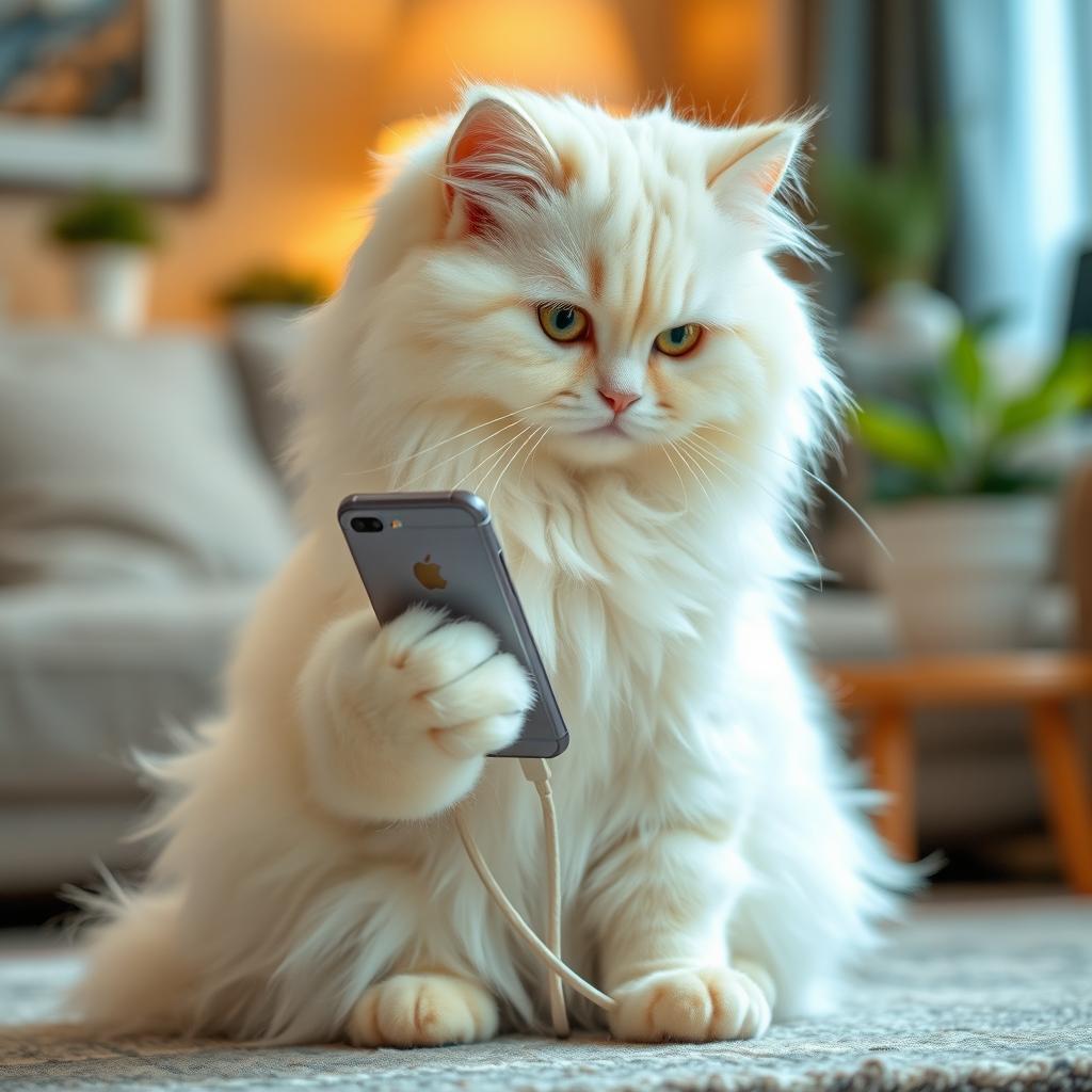 A fluffy white triple-coated cat sitting gracefully, holding a mobile phone in its paw, with an inquisitive and playful expression