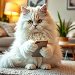 A fluffy white triple-coated cat sitting gracefully, holding a mobile phone in its paw, with an inquisitive and playful expression