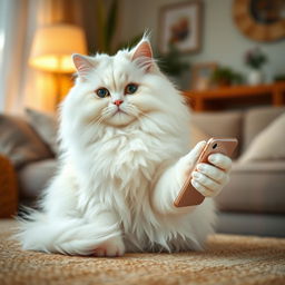 A fluffy white triple-coated cat sitting gracefully, holding a mobile phone in its paw, with an inquisitive and playful expression