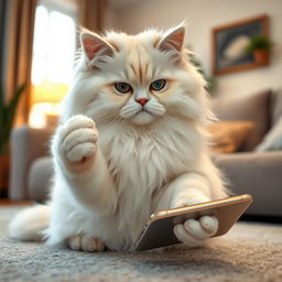 A fluffy white triple-coated cat sitting gracefully, holding a mobile phone in its paw, with an inquisitive and playful expression