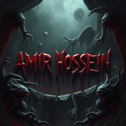 The name 'AMIR HOSSEIN' ominously written in a dark, horrifying pit with grotesque creatures and demons surrounding it