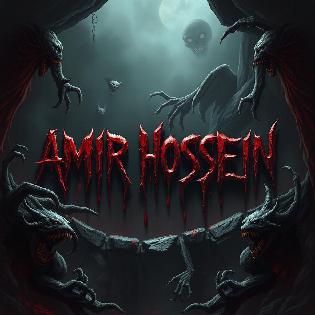 The name 'AMIR HOSSEIN' ominously written in a dark, horrifying pit with grotesque creatures and demons surrounding it