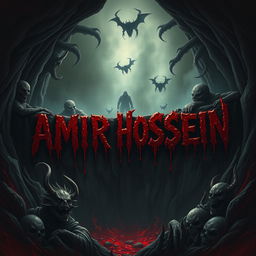 The name 'AMIR HOSSEIN' ominously written in a dark, horrifying pit with grotesque creatures and demons surrounding it