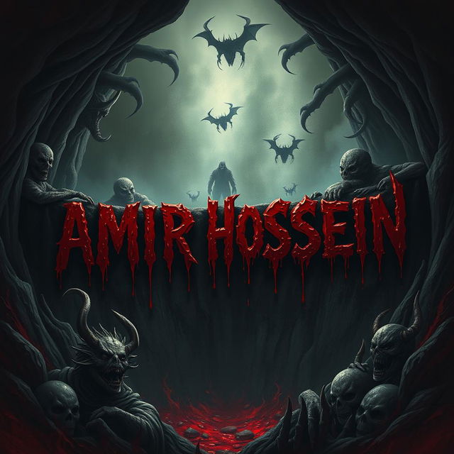 The name 'AMIR HOSSEIN' ominously written in a dark, horrifying pit with grotesque creatures and demons surrounding it