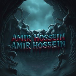 The name 'AMIR HOSSEIN' ominously written in a dark, horrifying pit with grotesque creatures and demons surrounding it