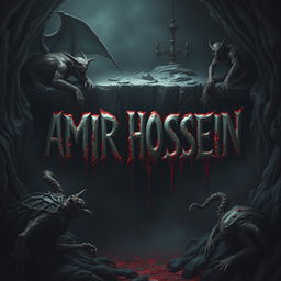 The name 'AMIR HOSSEIN' ominously written in a dark, horrifying pit with grotesque creatures and demons surrounding it